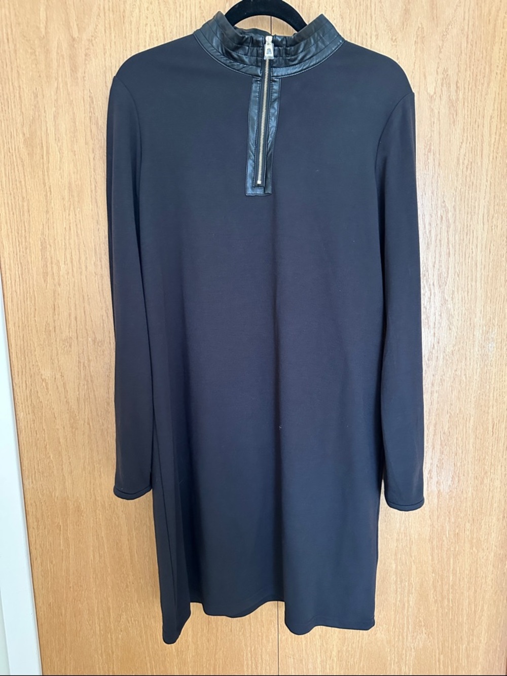 Black Long Sleeve Shift Dress with Faux Leather Zip Collar